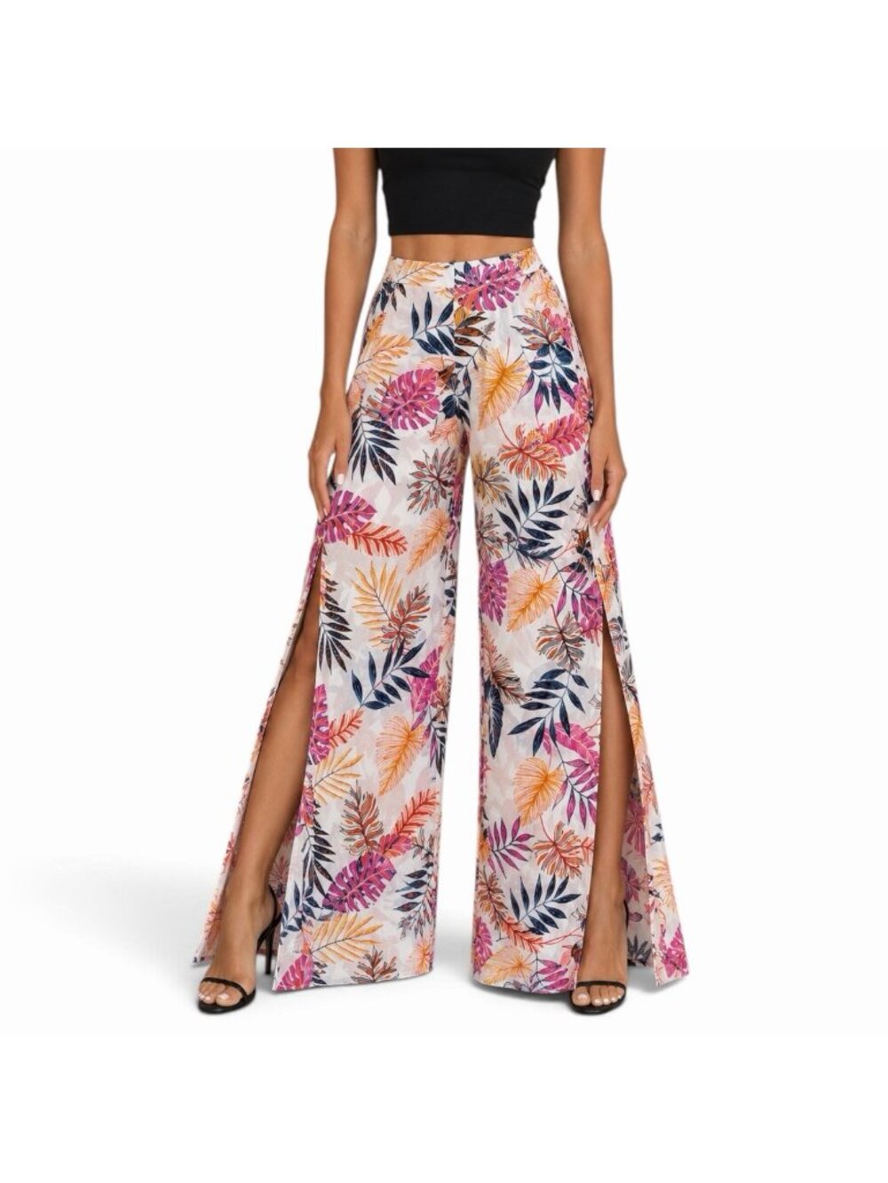 LULU'S Palazzo Pants Sz Small Wide Leg Side Slit Tropical Foliage Palms Chiffon